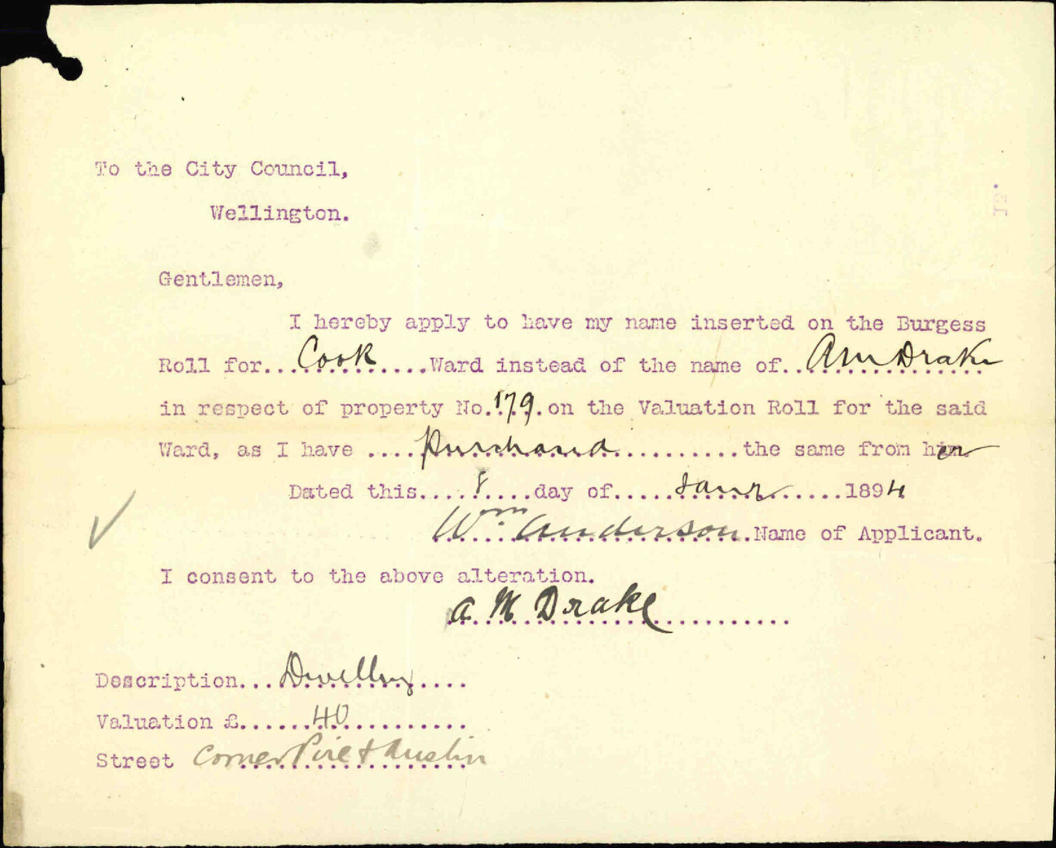 Asking to be placed on the Burgess Roll - W Anderson
