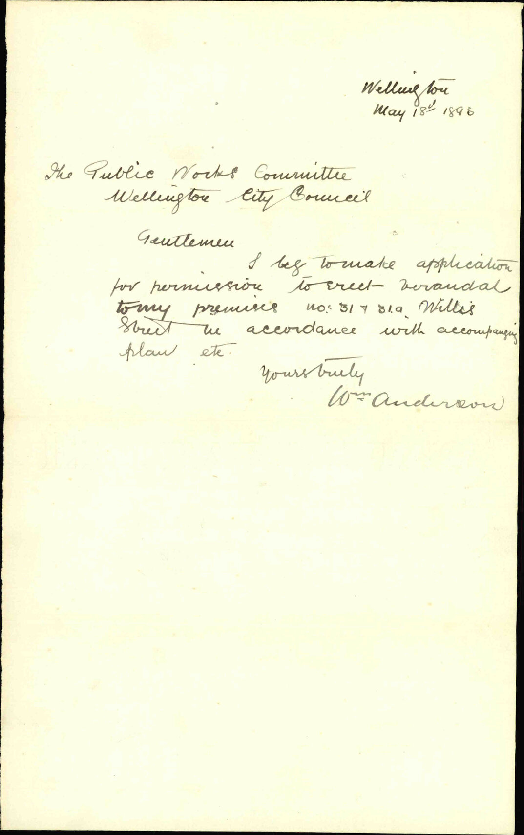 Application regarding verandah - W Anderson