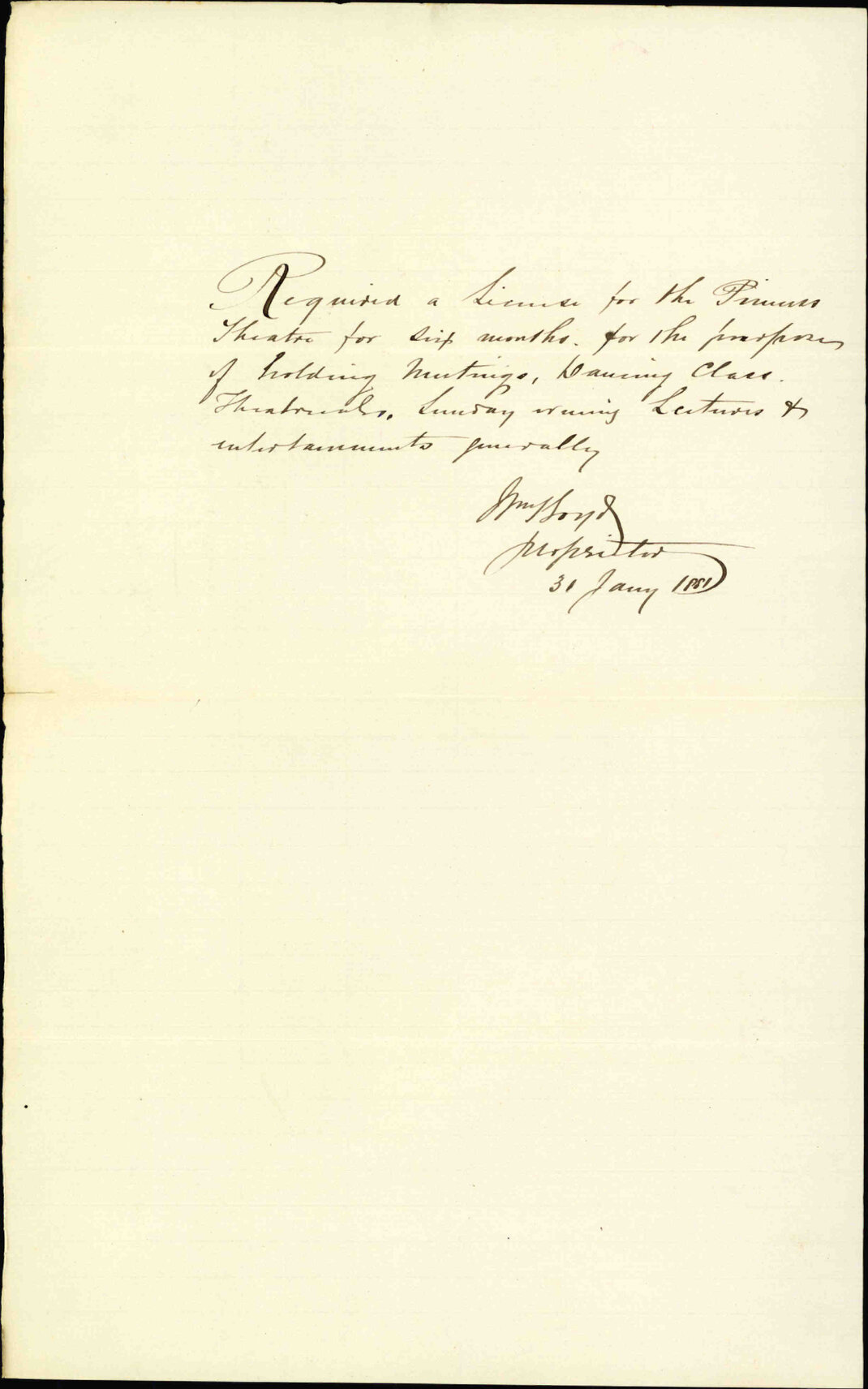 William Boyd, application for licence for Princess Theatre