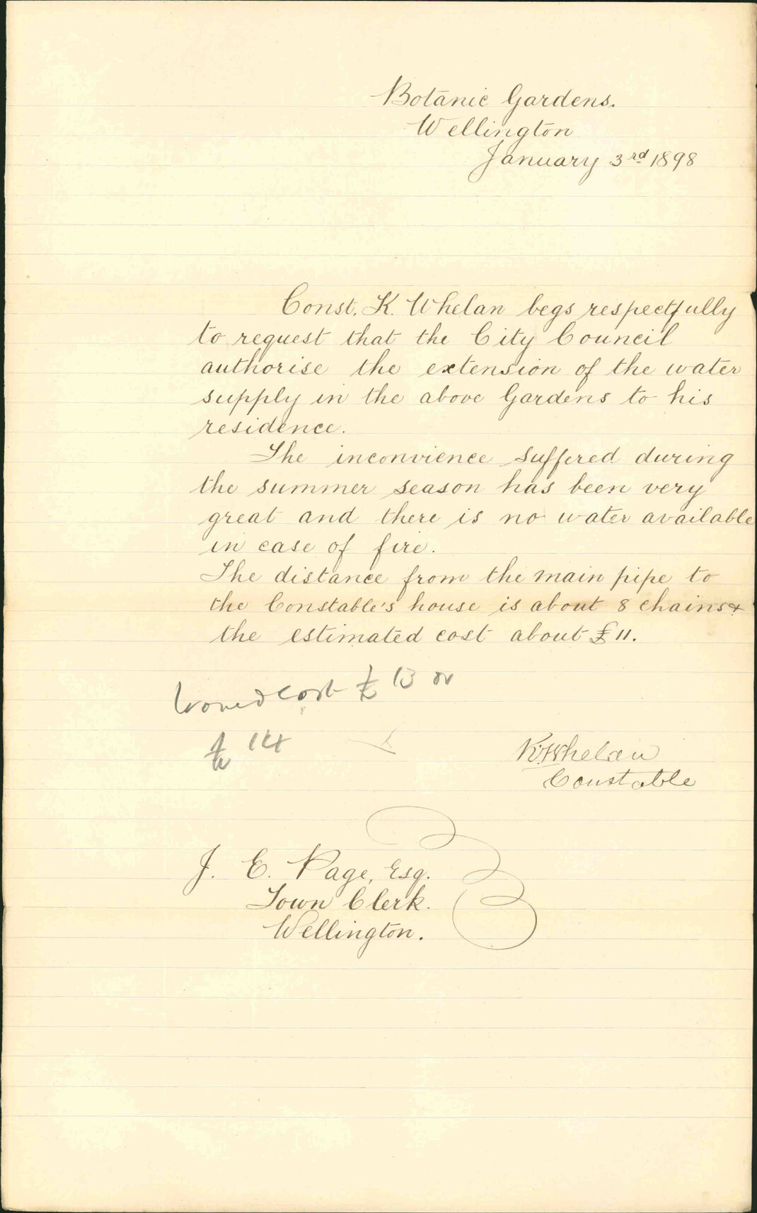 Asking for water to be laid in - Botanic Gardens Constable