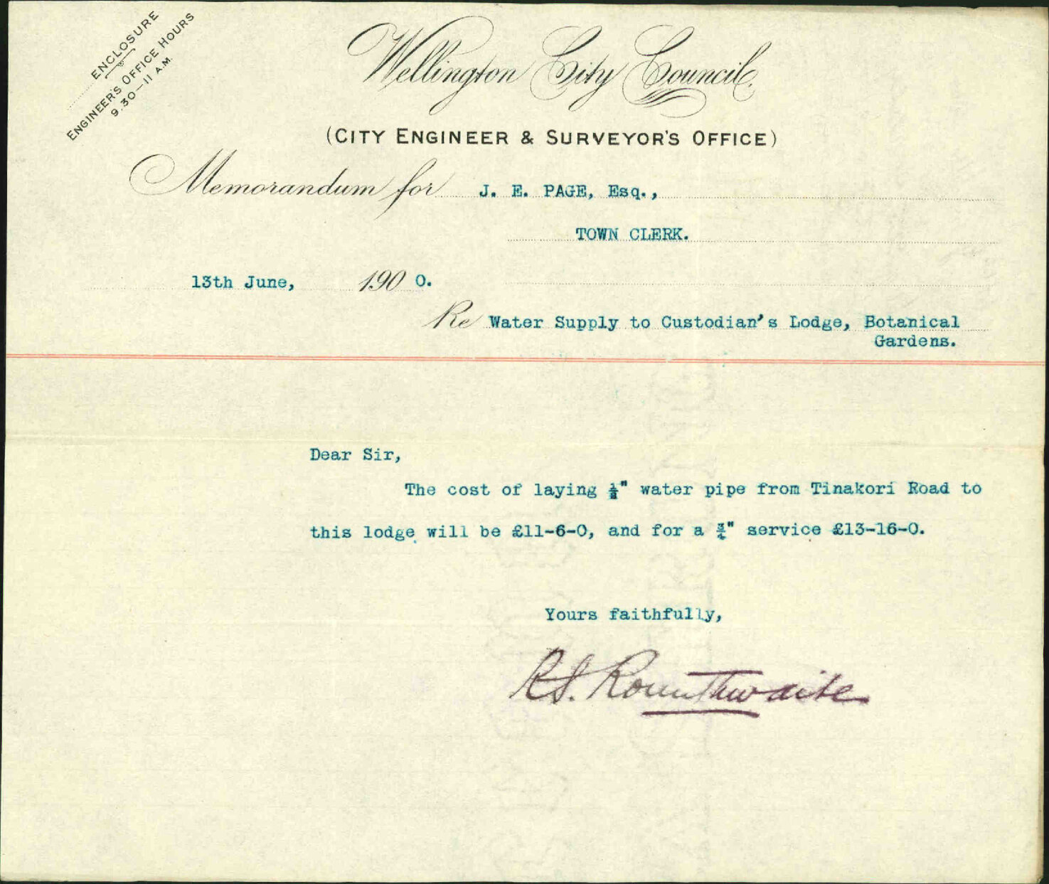 Water supply to Custodian's house, Botanic Gardens - City Engineer