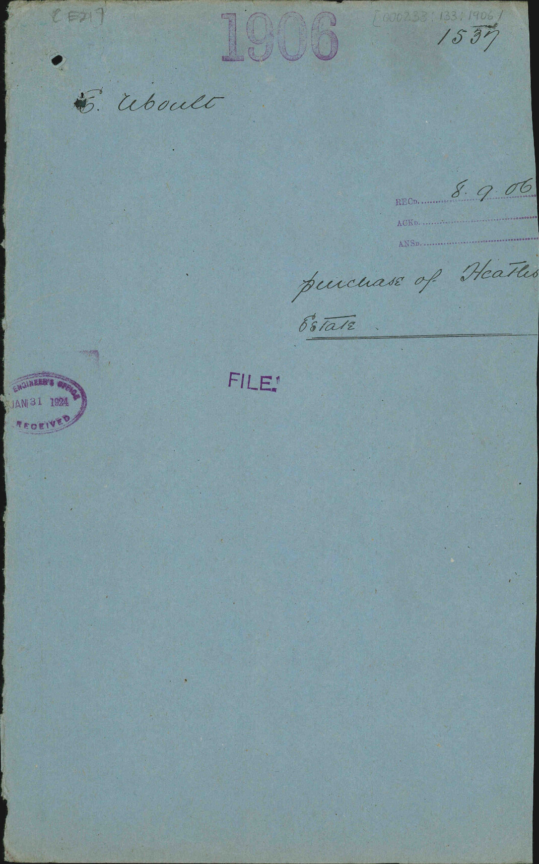 Purchase of Heath's estate - E Moult