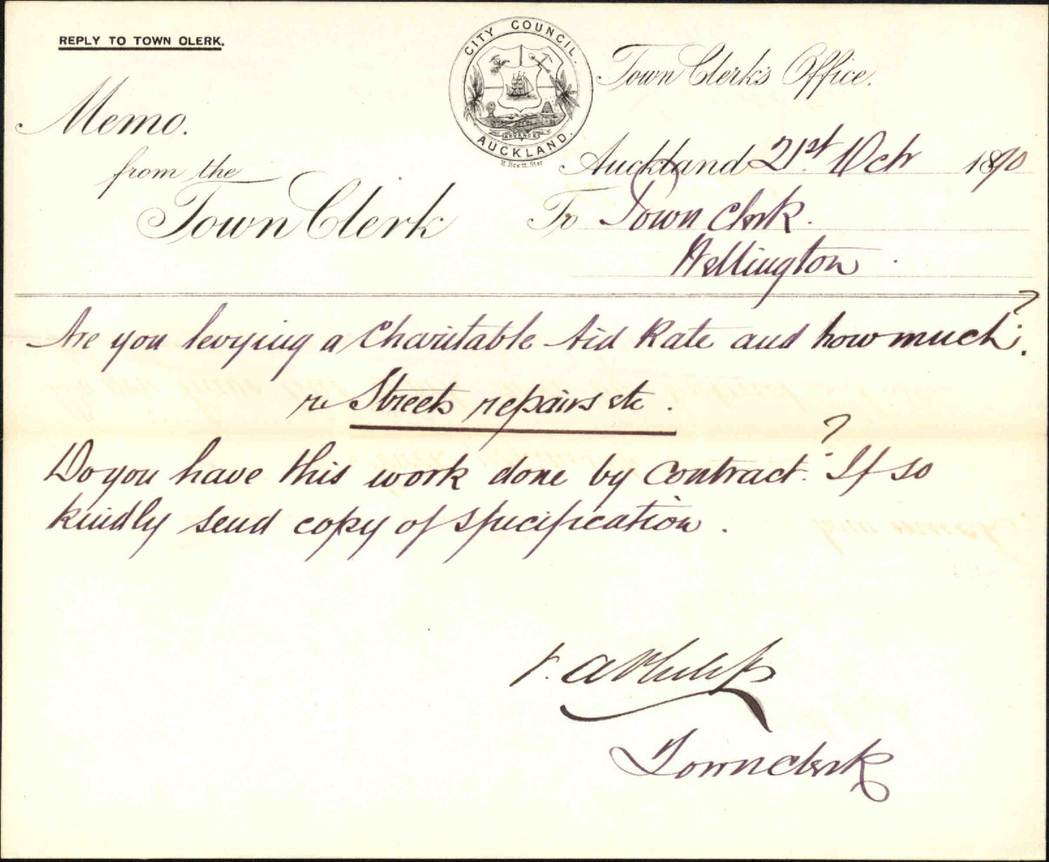 Enquiries regarding hospital rate and street repairs - Town Clerk, Auckland
