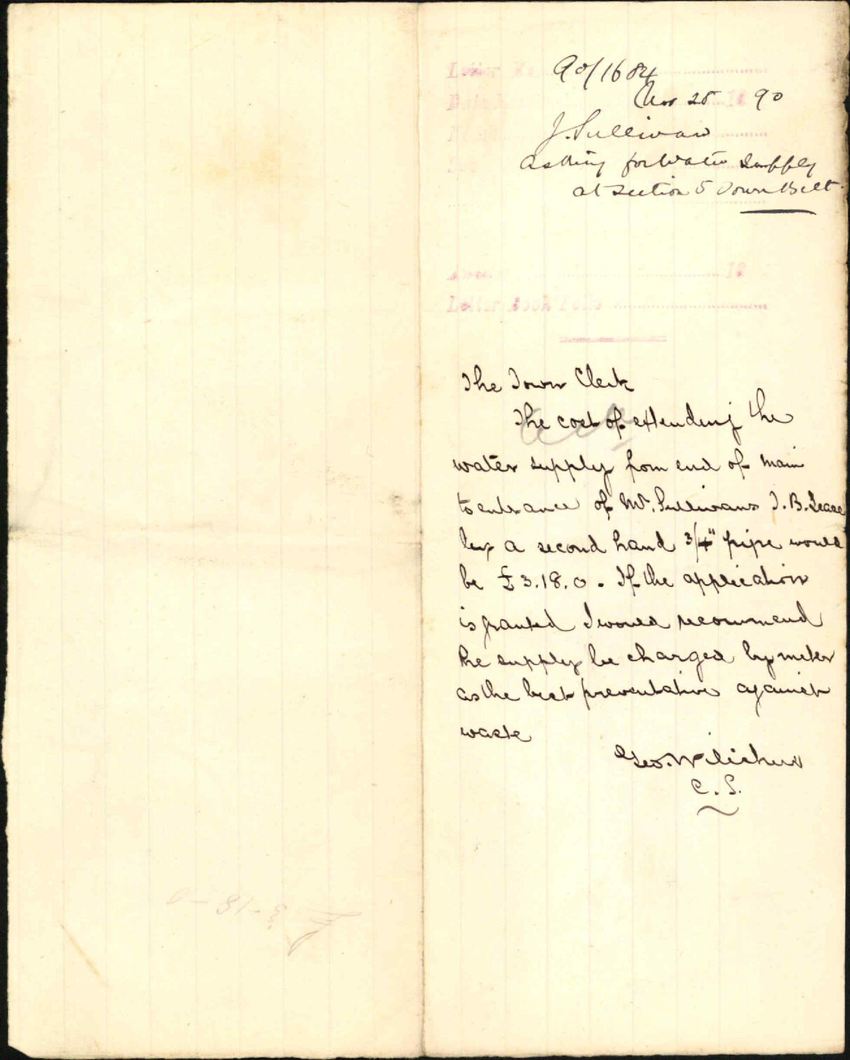 Asking for water supply at section 5 Town Belt - J Sullivan