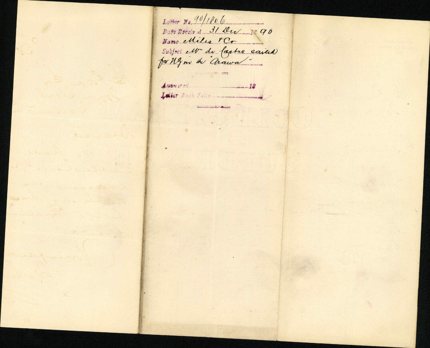 Mr de Castro sailed for new Zealand in the 'Arawa' - Mile and Company, Christchurch