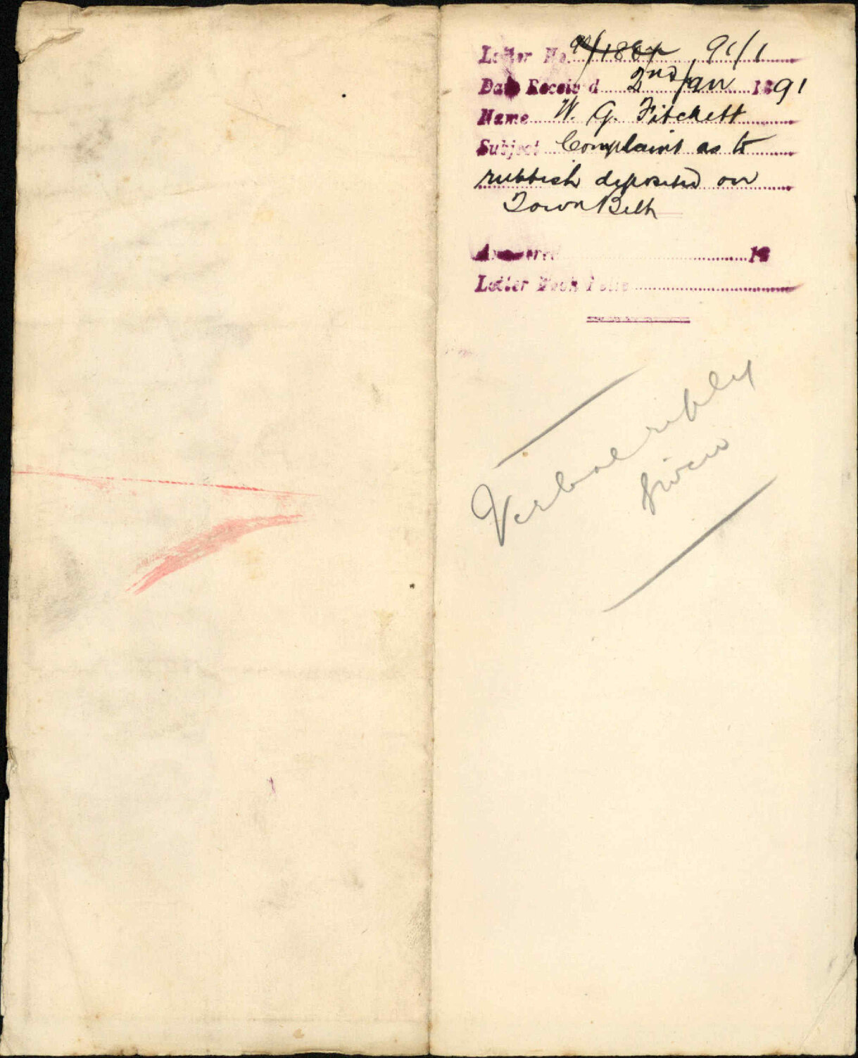 Complaint regarding rubbish deposited on Town Belt - W G Fitchett