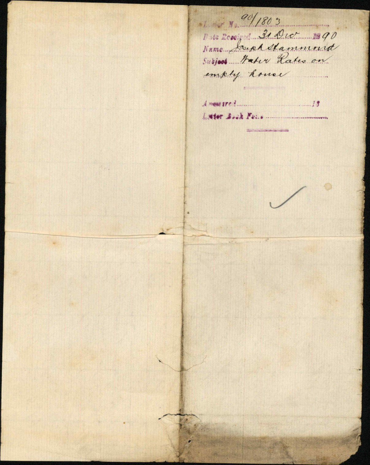 Water rates on empty house - Joseph Hammond