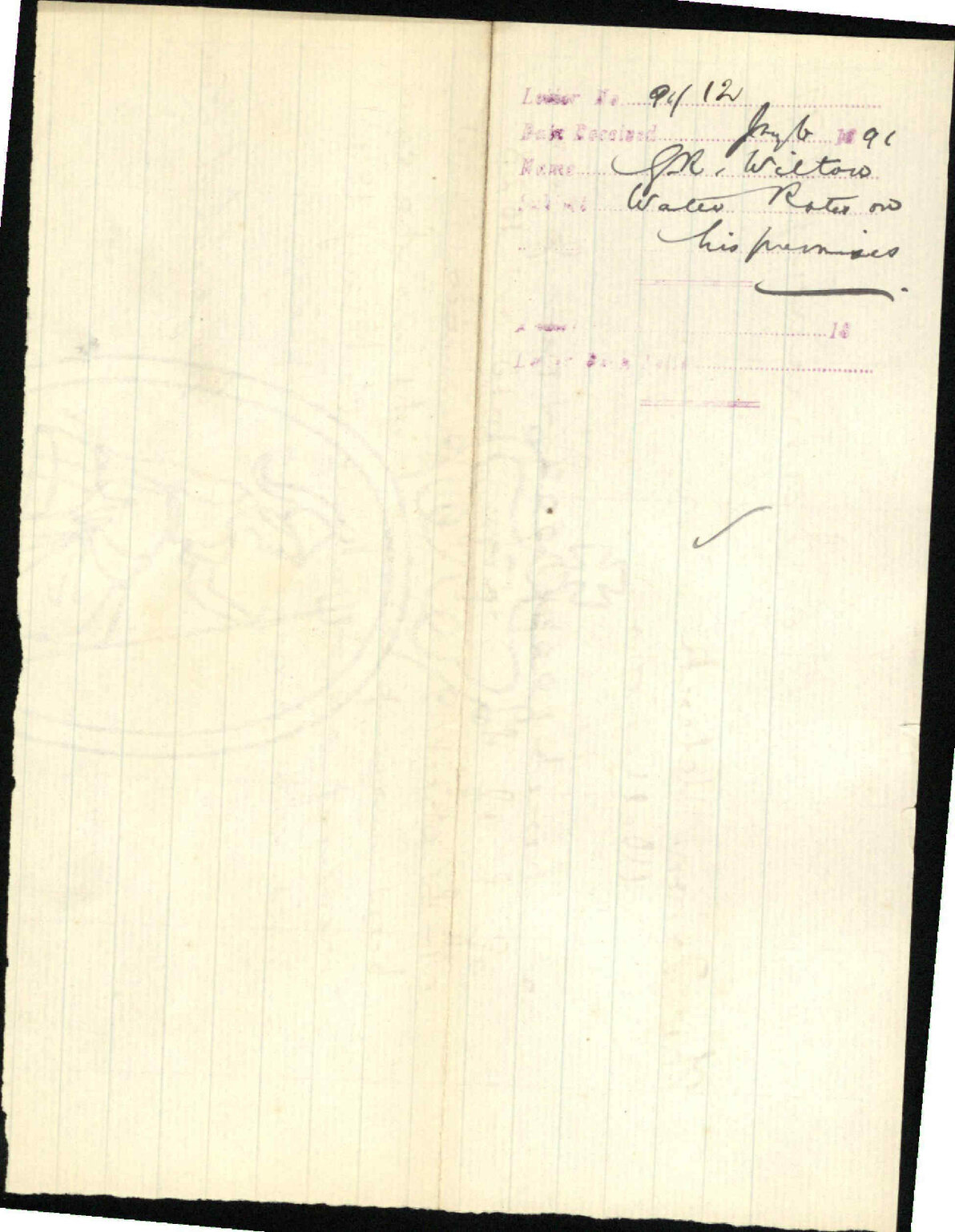 Water rates on his premises - G R Wilton