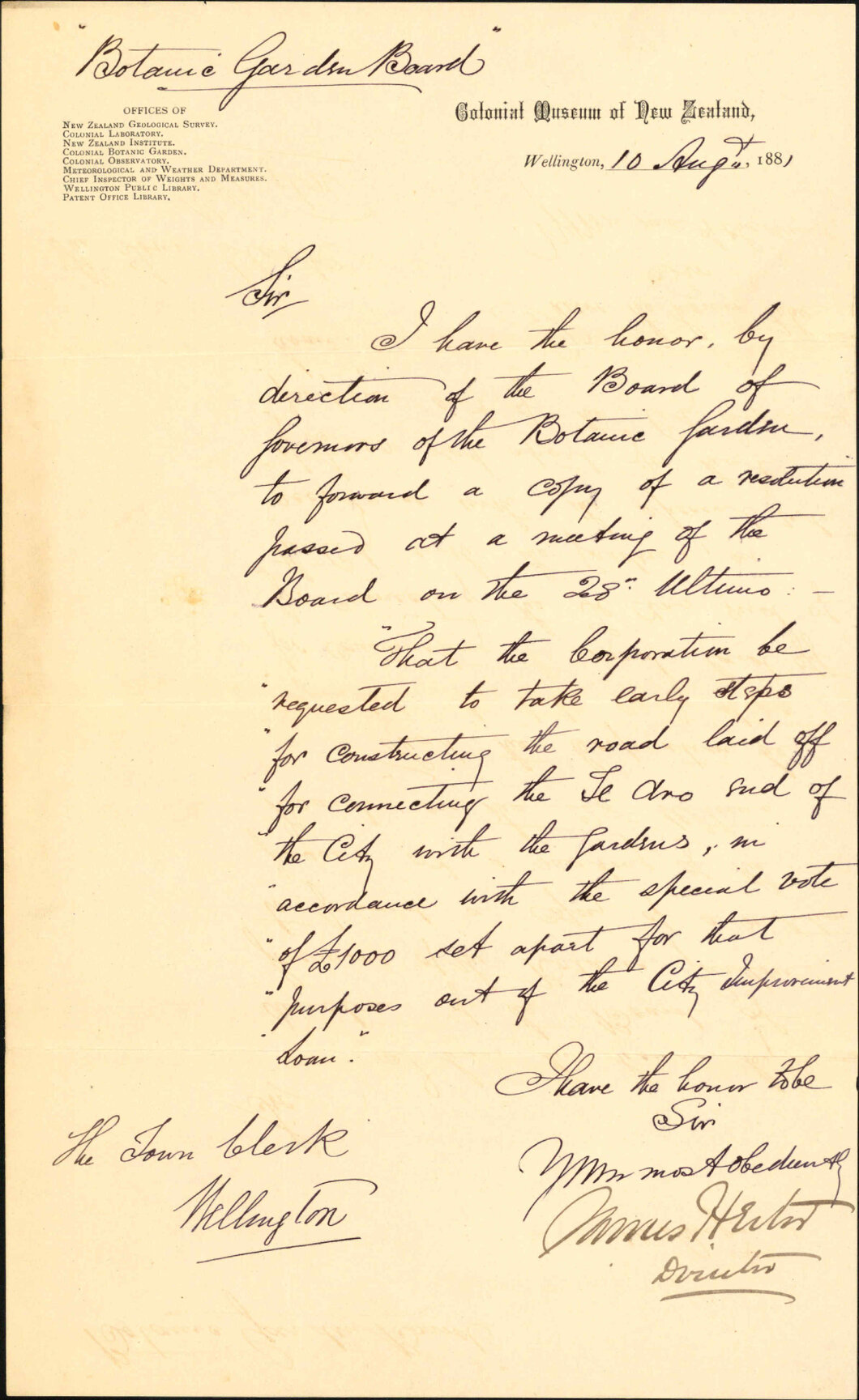 Botanic Garden Board, application for formation of road from Te Aro to Botanic Gardens