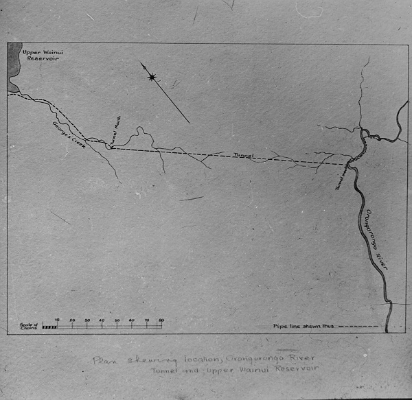 Map showing the location of the Orongoronga River tunnel and Upper Wainui Reservoir. Map of the Upper Wainui Reservoir