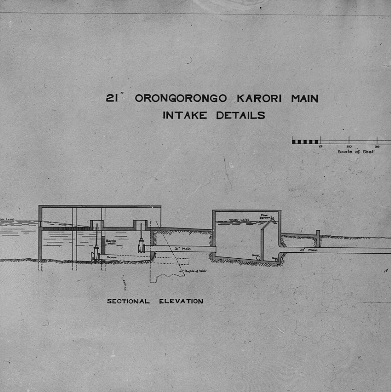 Diagram showing the 12' Orongorongo / Karori main intake details - sectional elevation