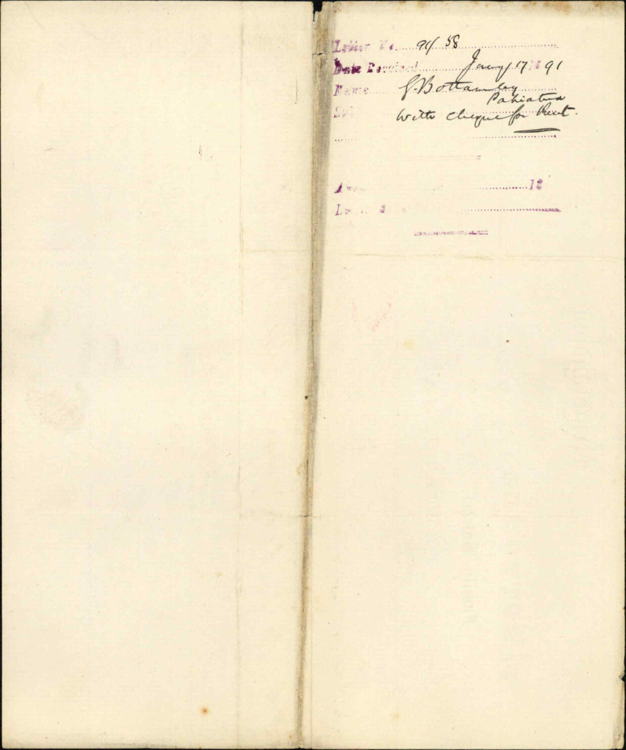 With cheque for rent - G Bottomley, Pahiatua