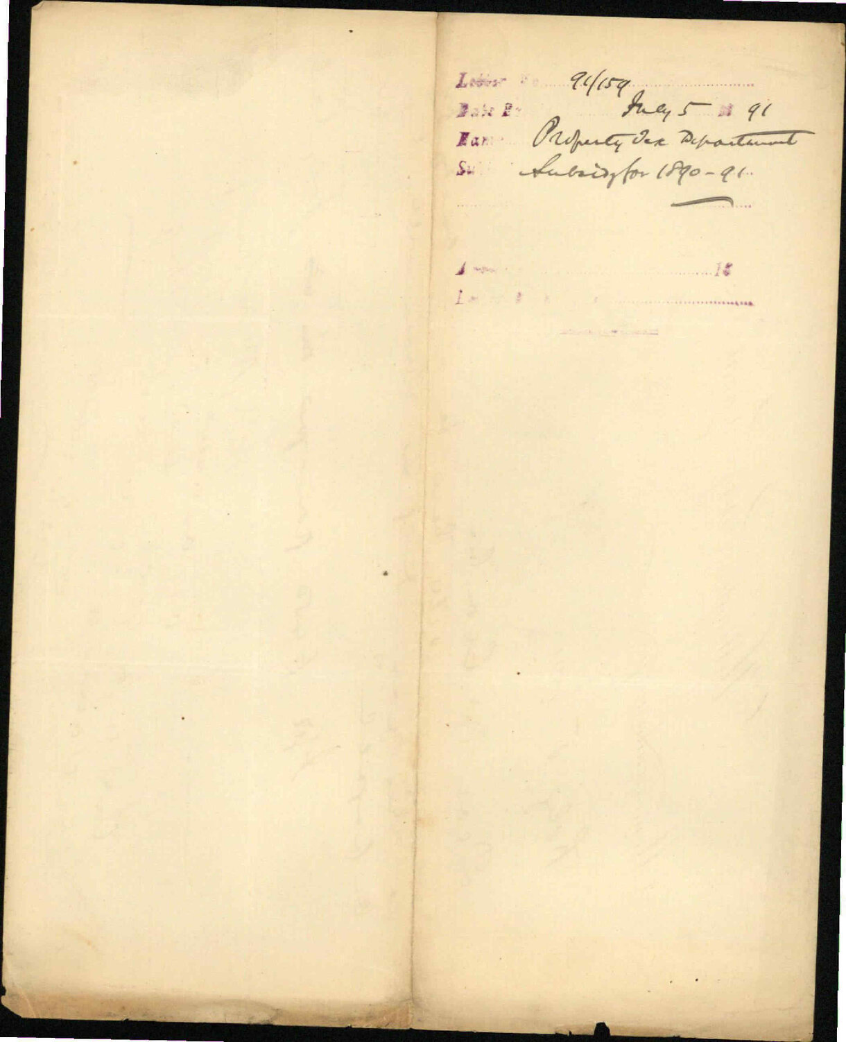 Subsidy for 1890-91 - Property Tax Department