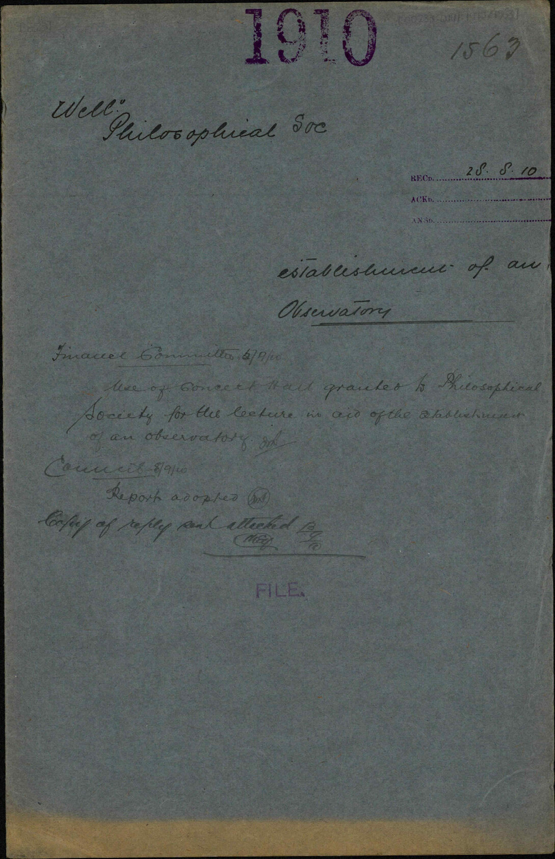 Establishment of an observatory - Wellington Philosophical Society