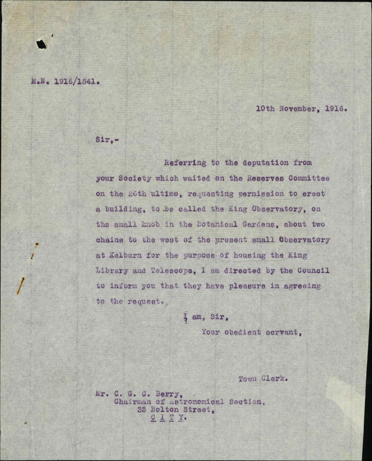 Erection of observatory in Botanical Gardens - Wellington Philosophical Society