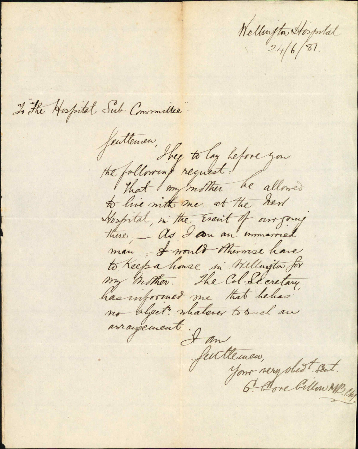 Hospital Surgeon, regarding his mother residing with him at hospital