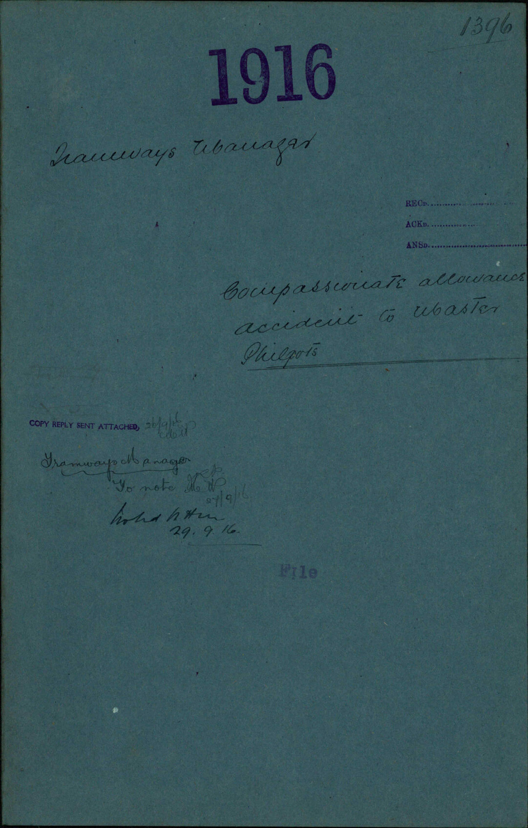 Compassionate allowance, accident to Master Philpots - Tramways Manager