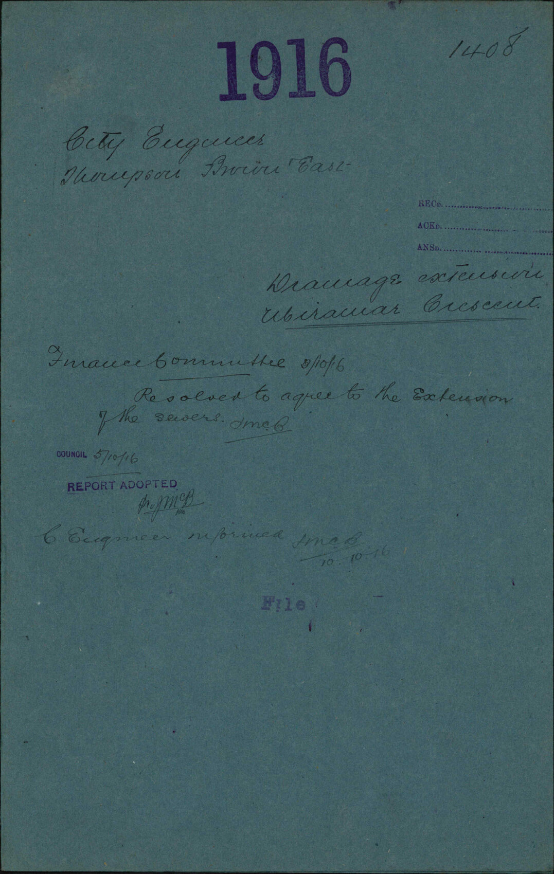 Drainage extension, Miramar Crescent - City Engineer; Thompson, Brown &amp; East