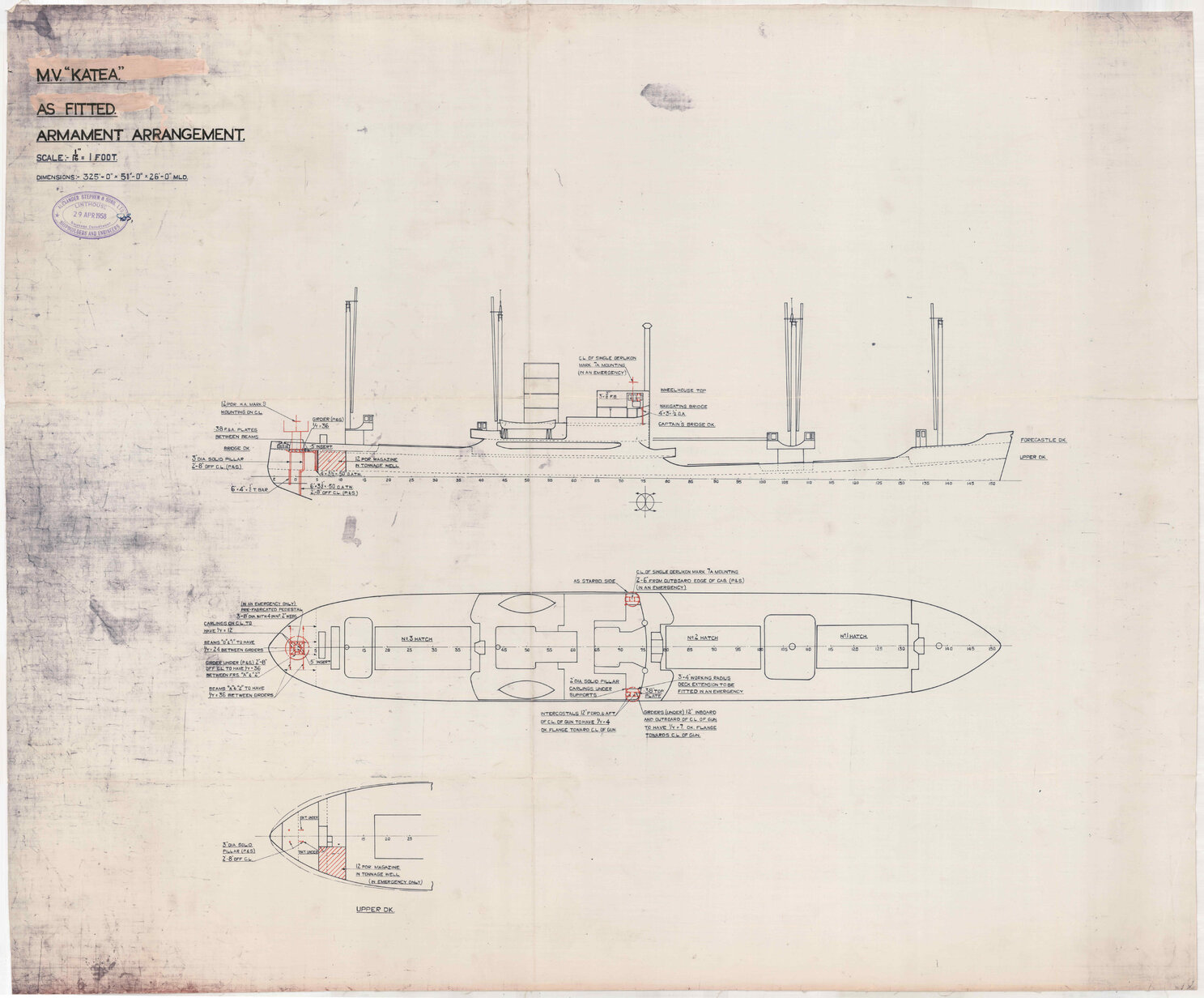 MV Katea, as fitted, armament arrangment