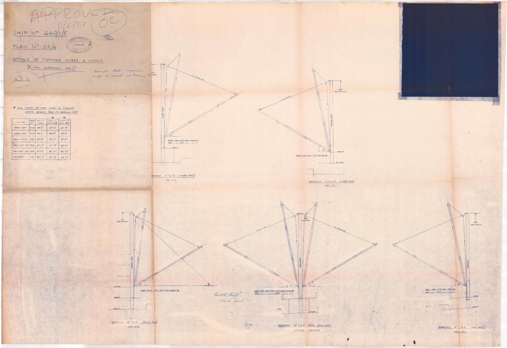 [MV Koraki, MV Katea, MV Waikare], MV 660-1-5, details of topping wires and chains (5 ton derricks only)