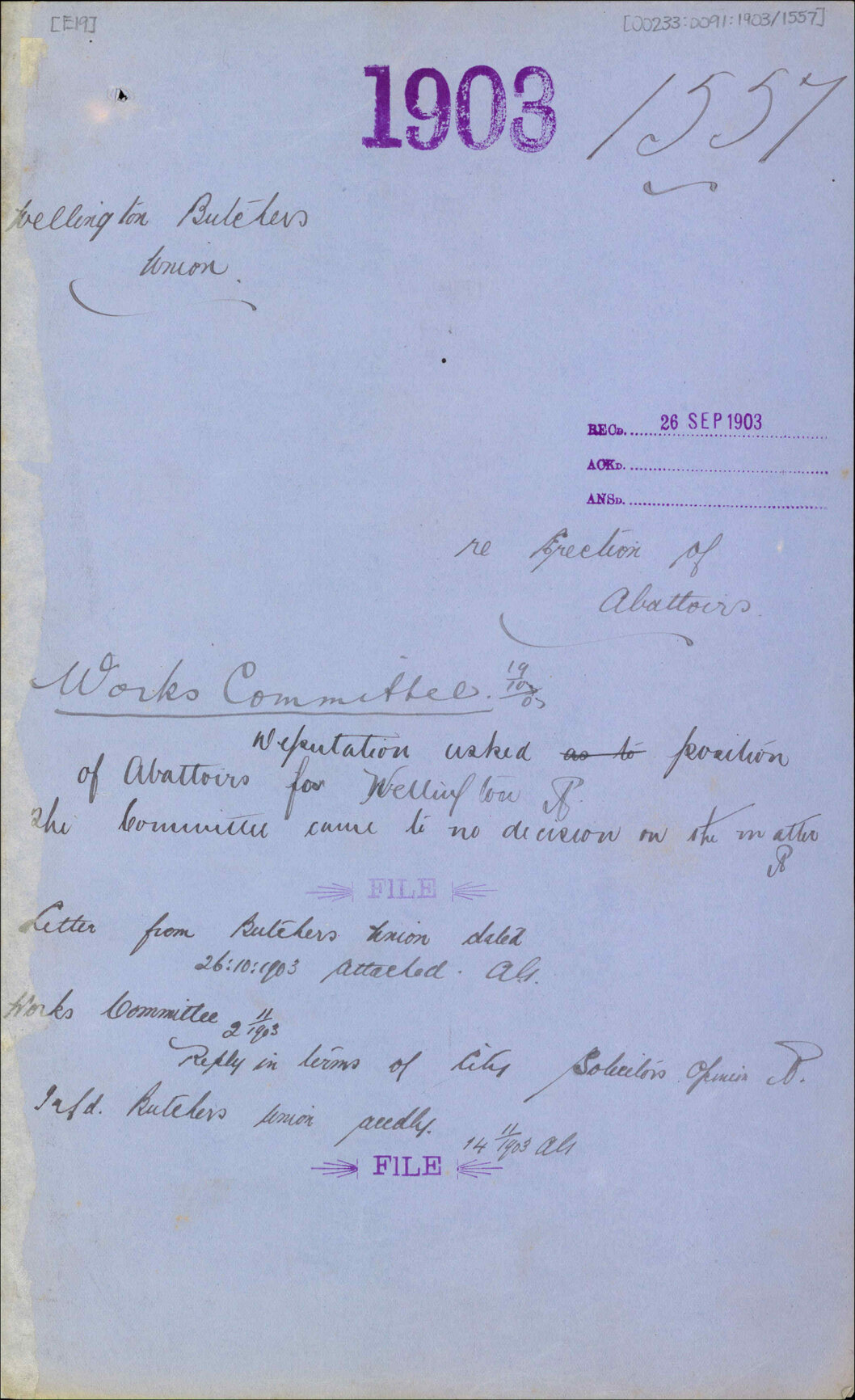 Re erection of abattoirs - Wellington Butchers Union