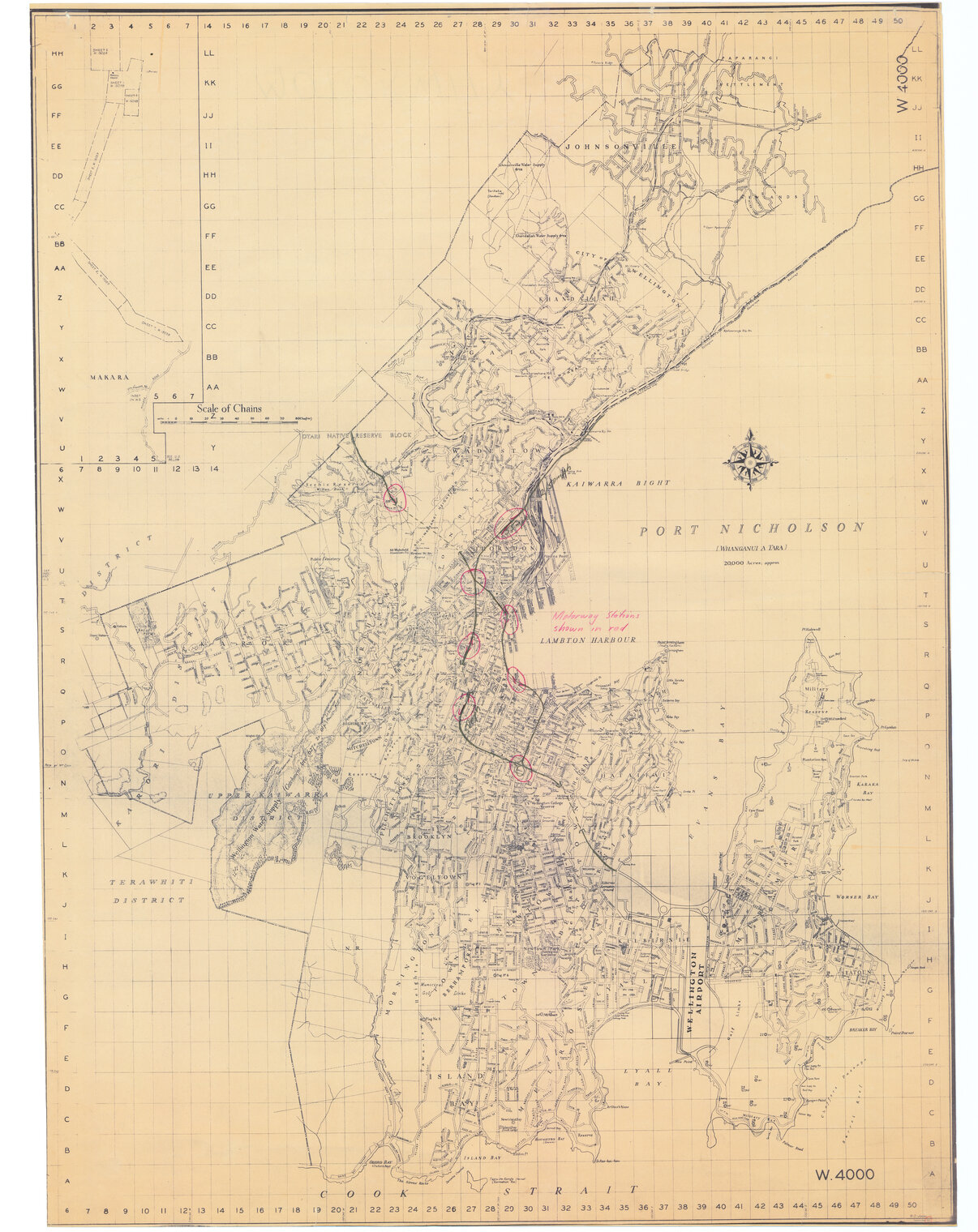 Port Nicholson map with Motorway Stations circled