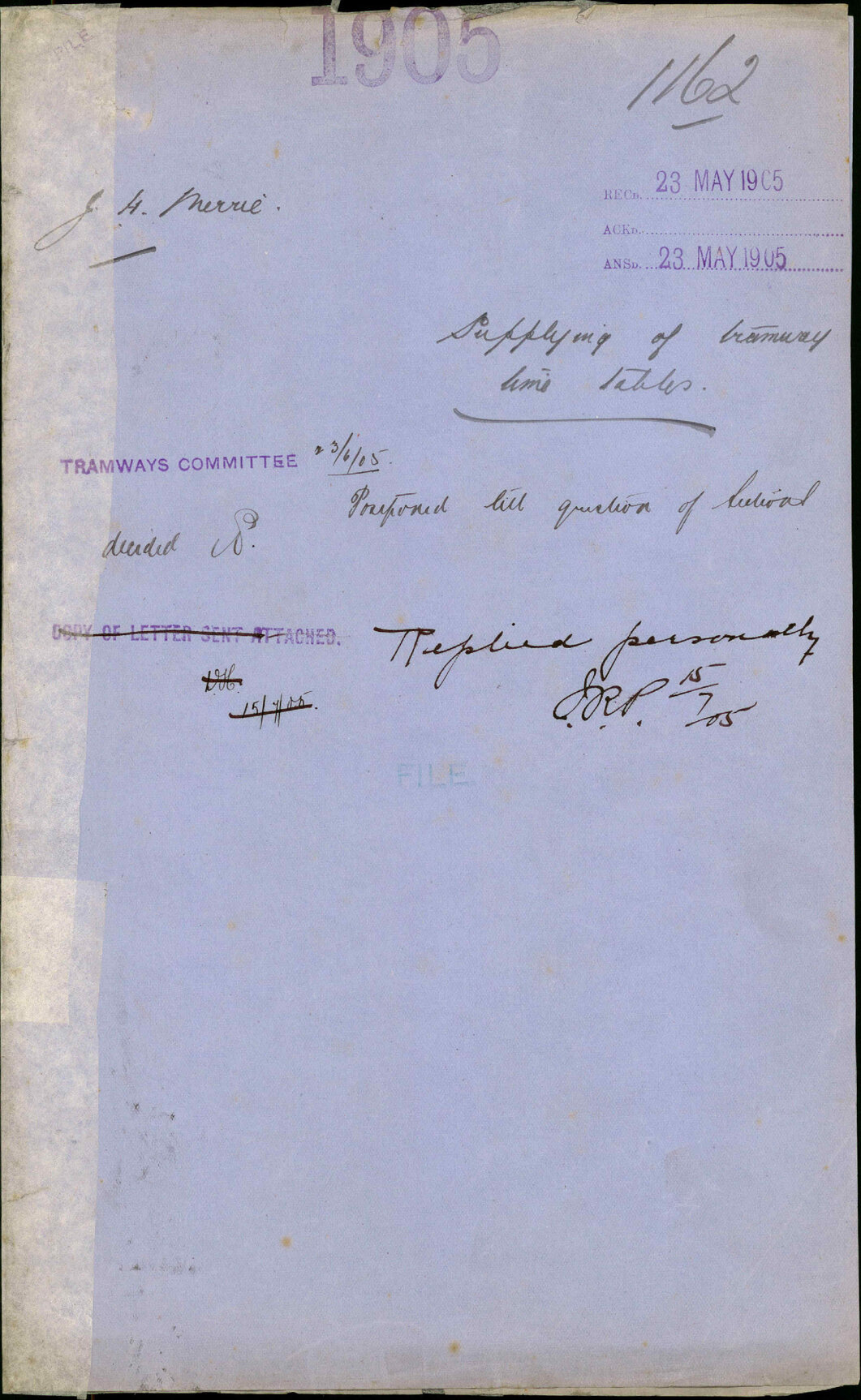 Supplying of tramway timetables - J H Merrie