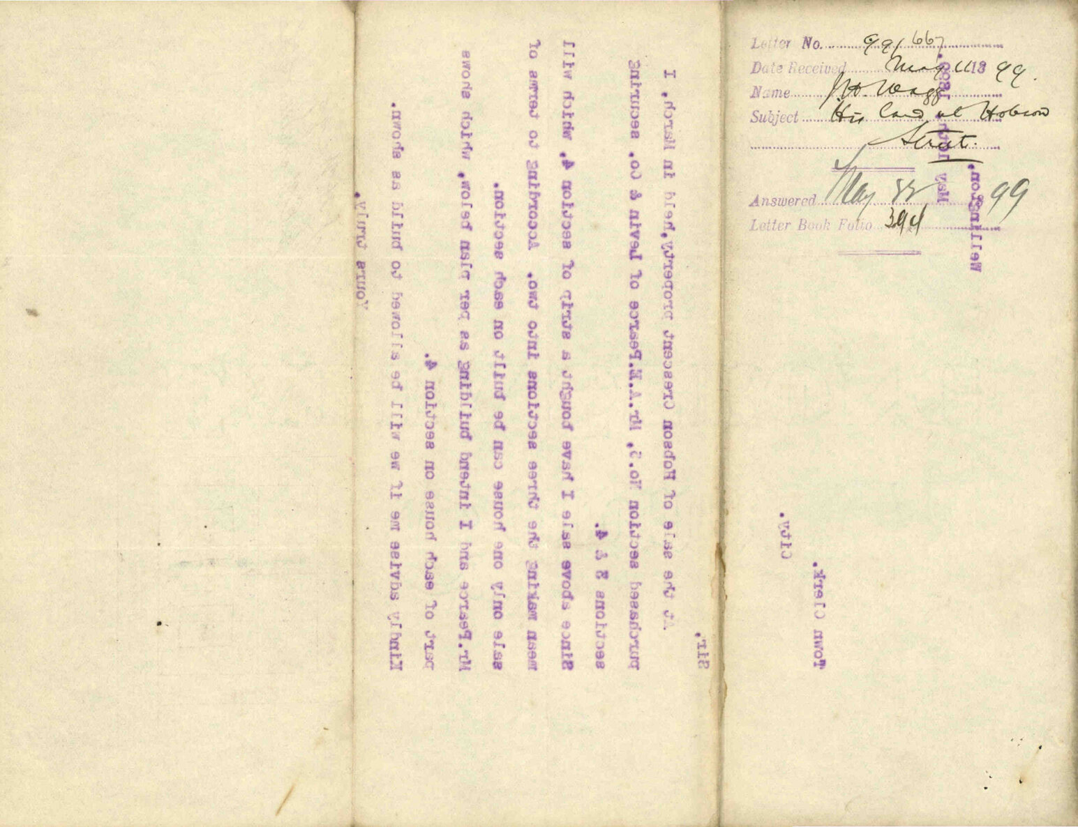 His land at Hobson Street - J H Wagg