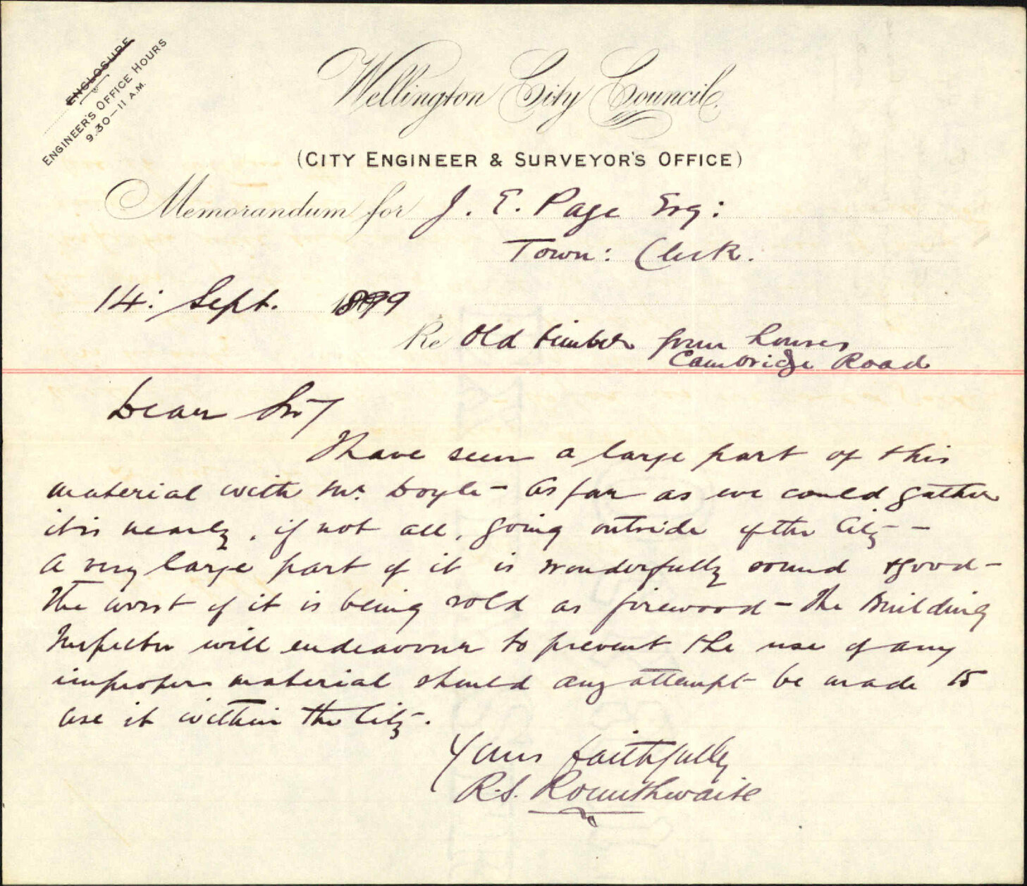 Timber from old house in Cambridge Road [Tennyson Street] - City Engineer