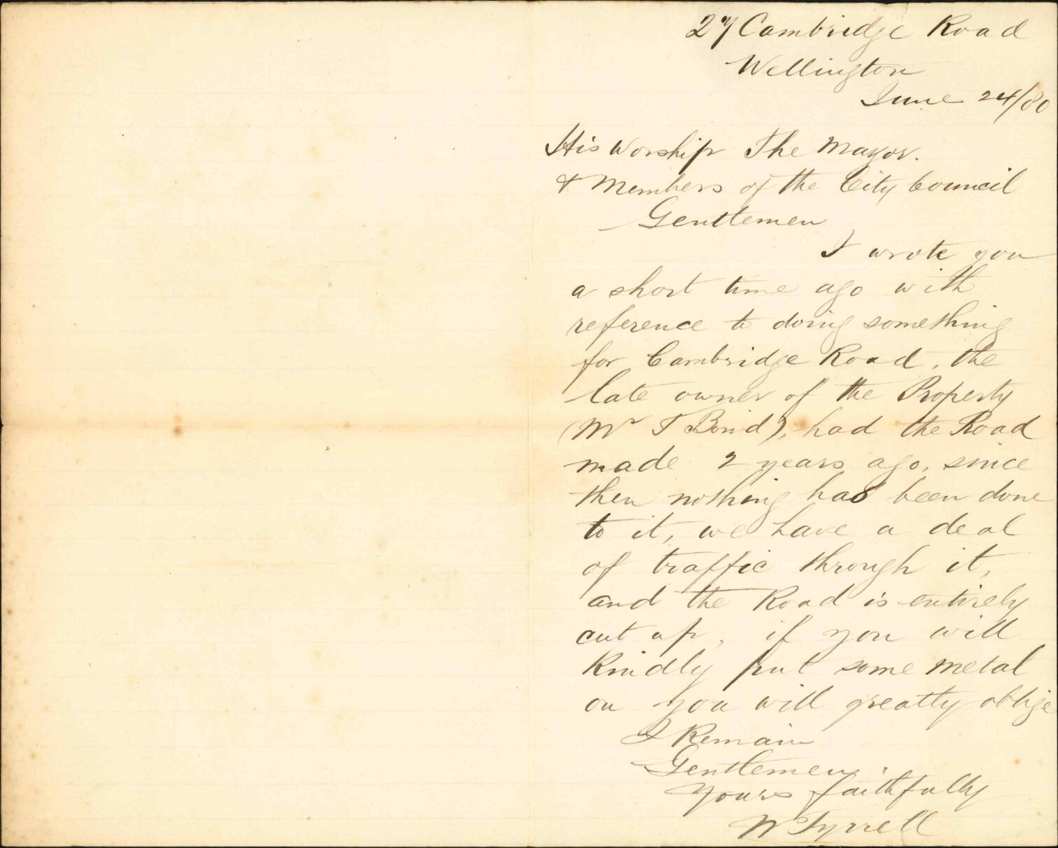 W Tyrell, regarding repairs to Cambridge Road [Tennyson Street]