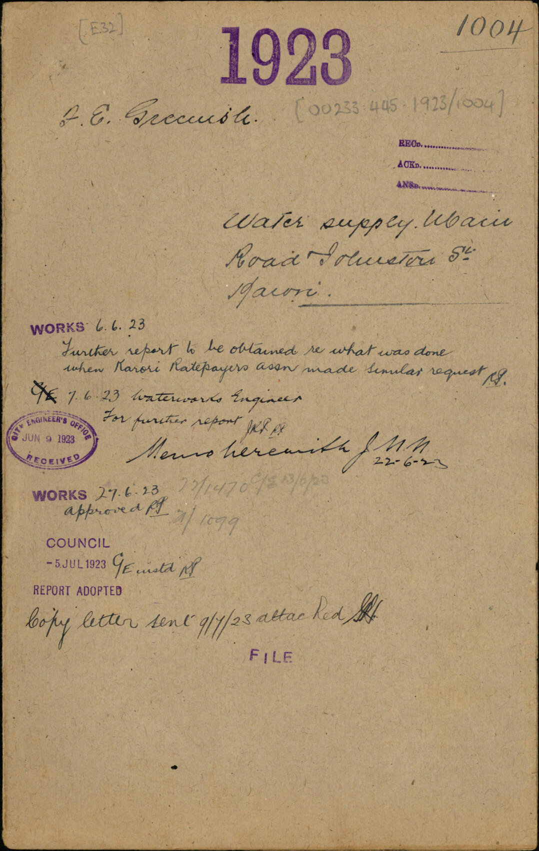 Water supply, Main Road and Johnston Street, Karori - F E Greenish