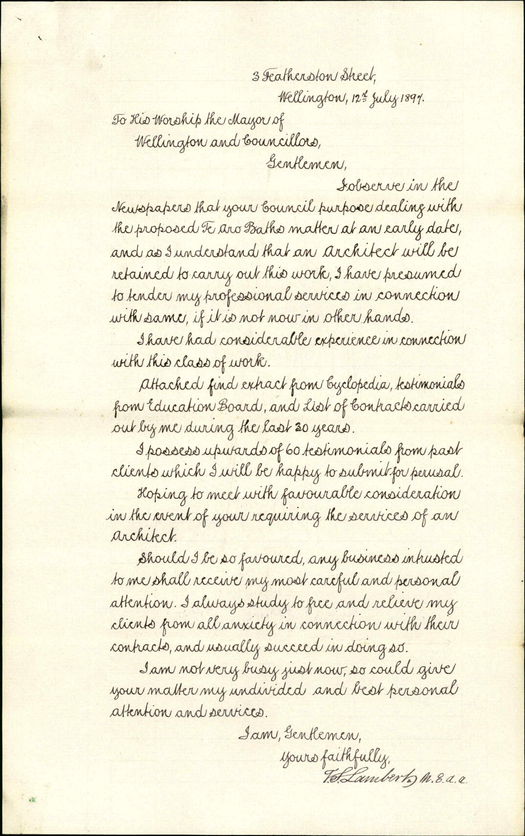 Offering his services as architect - Thomas Stoddard Lambert