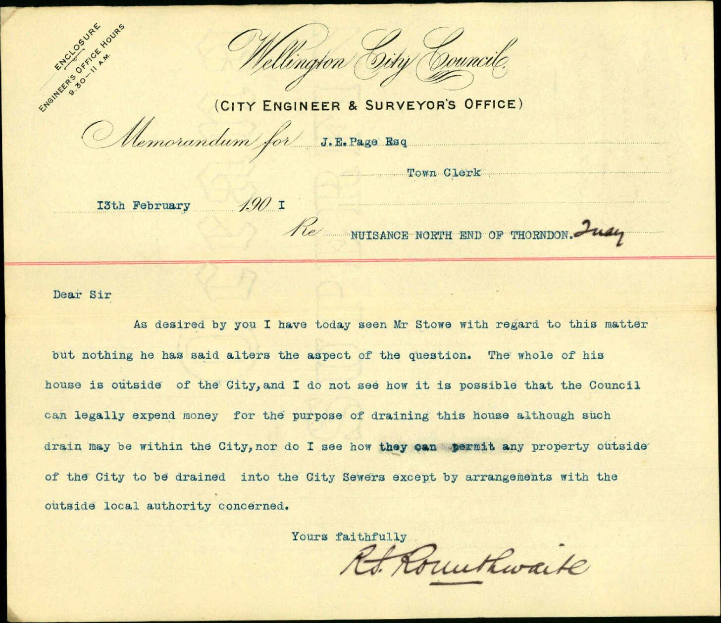 Nuisance at Mr L Stowe's property - City Engineer