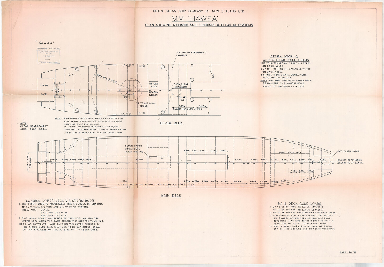 MV Hawea, plan showing maximum axle loadings and clear headrooms