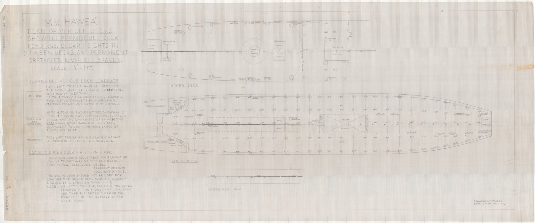 MV Hawea, plan of vehicle decks showing permissible deck loadings, clear heights in tween decks, and permanent obstacles in vehicle spaces