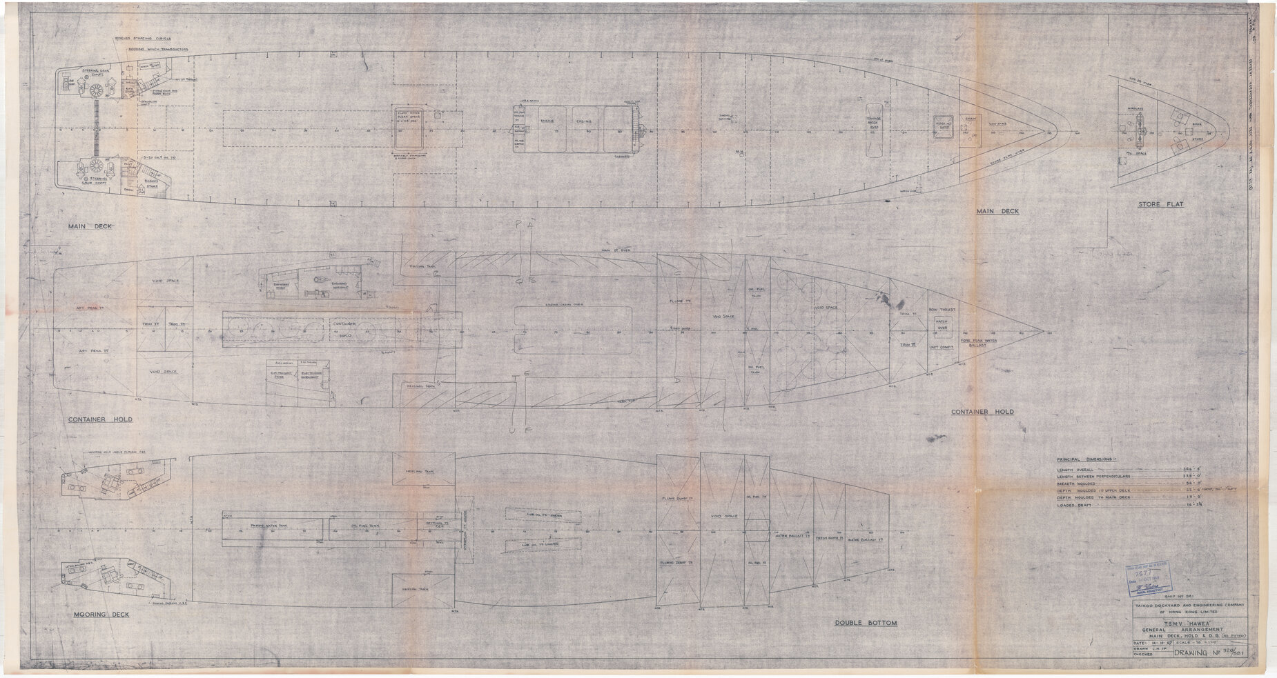 TSMV Hawea, general arrangement, main deck, hold and double bottom (as fitted)