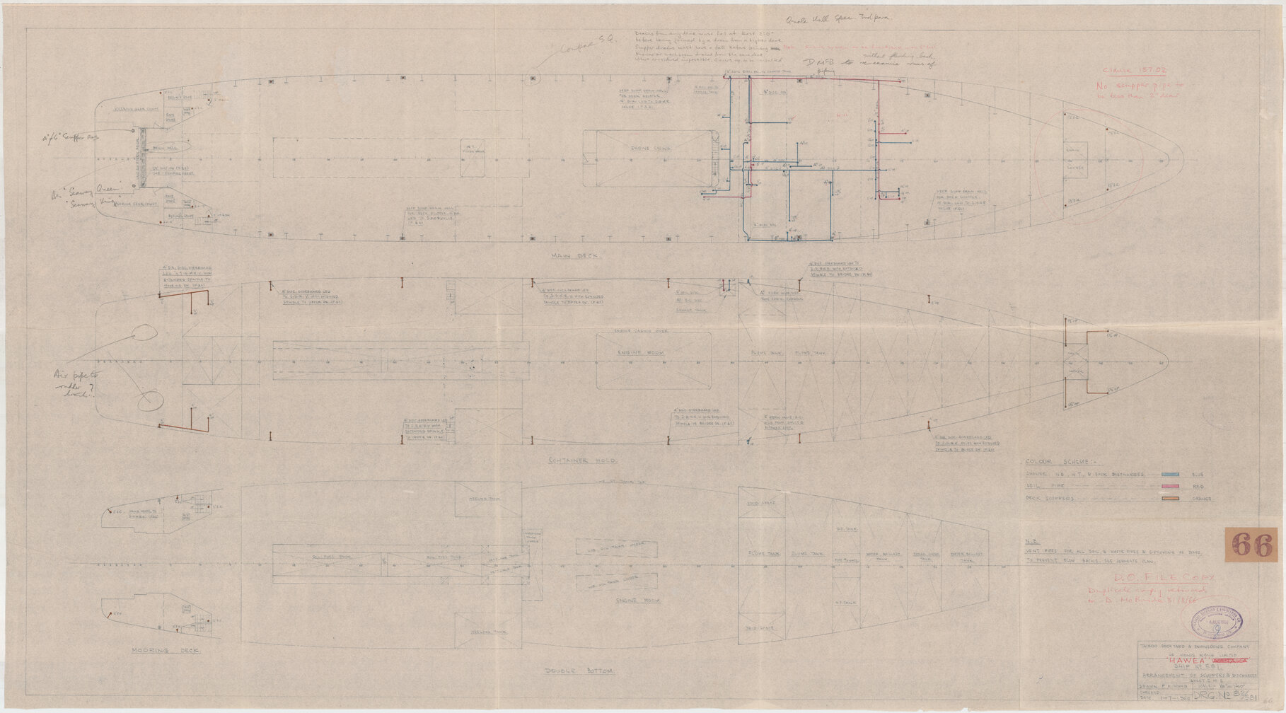 [MV Hawea], arrangement of scuppers and discharges, Sheet 2 of 2
