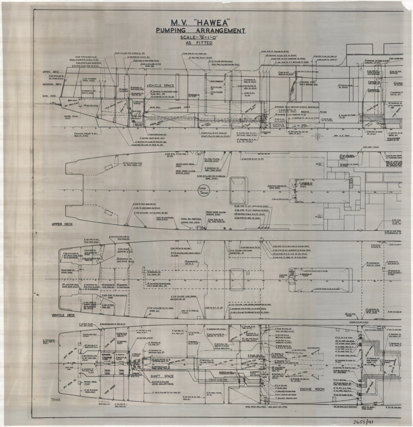 MV Hawea, pumping arrangement, as fitted [left side of plan]