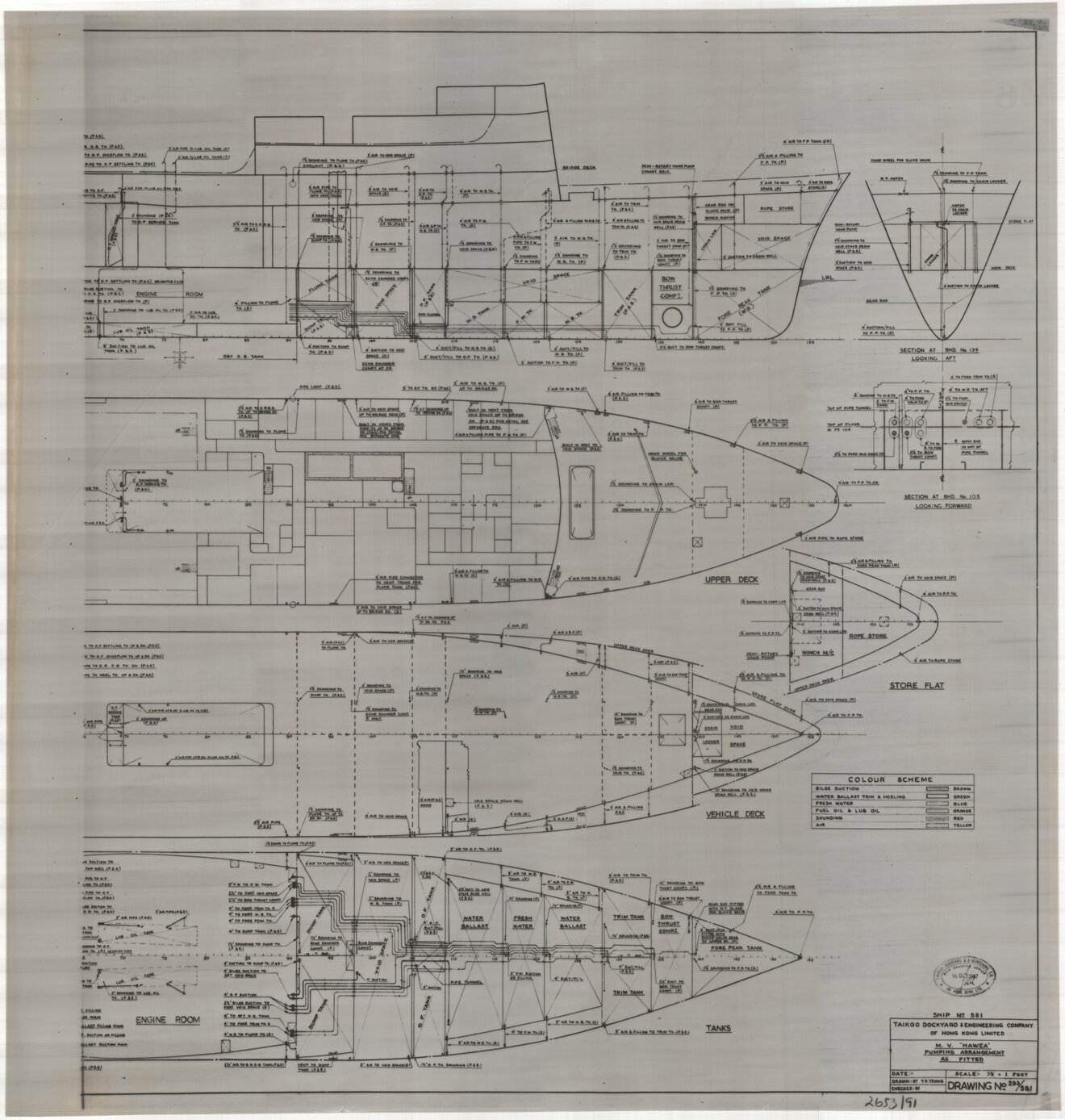 MV Hawea, pumping arrangement, as fitted [right side of plan]