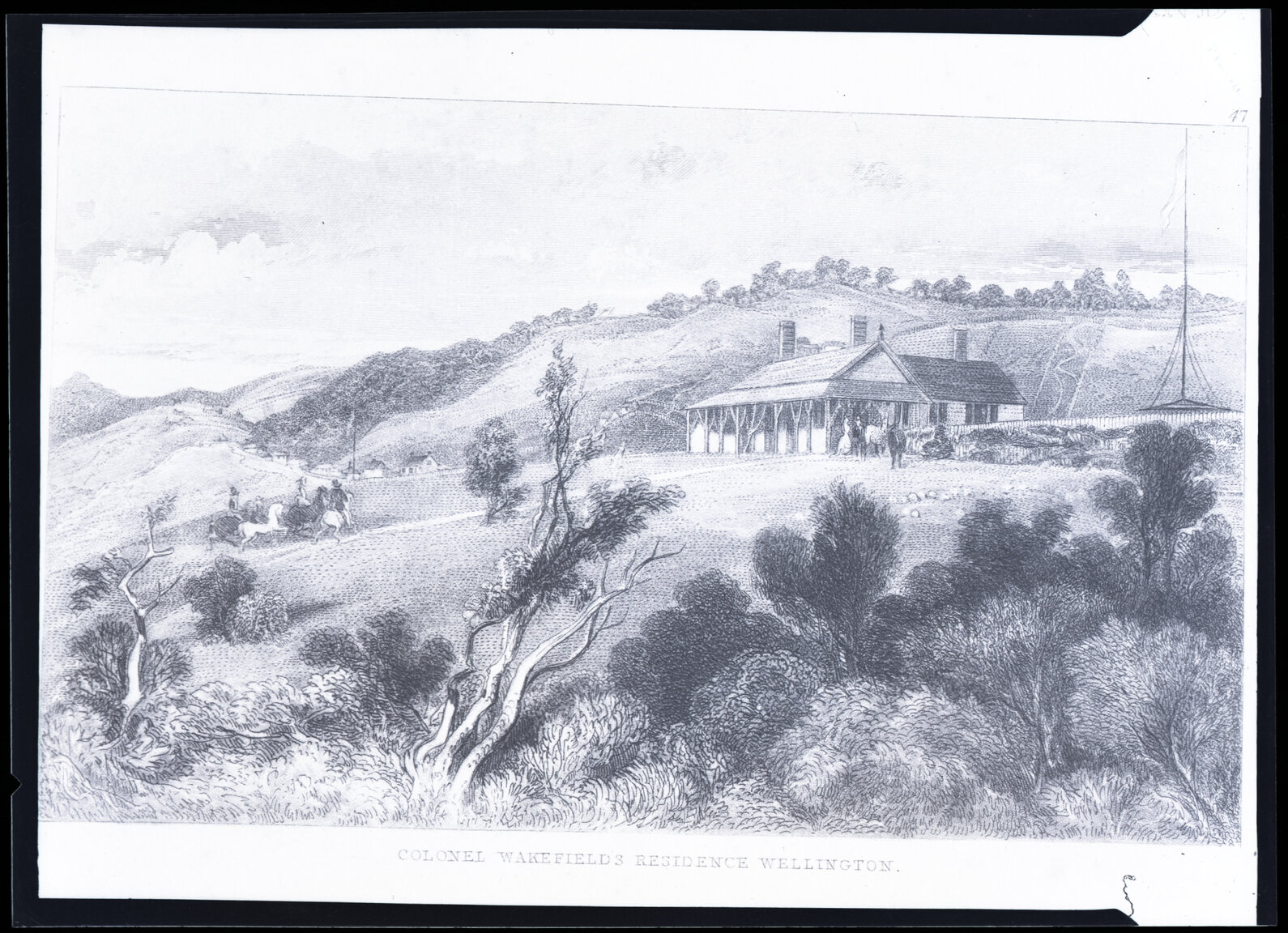 Colonel Wakefield's residence, showing Wellington Terrace winding up the hills