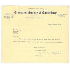 Correspondence between the Sexton's office, relatives, funeral directors and others in New Zealand and overseas relating to cremations, circa 1947-1959