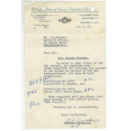 Correspondence between the Sexton's office, the Department of Internal Affairs and next of kin relating to Soldiers niches and plaques A to D