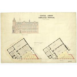 Proposed completion of Central Library, Wakefield Street elevation and floor plans