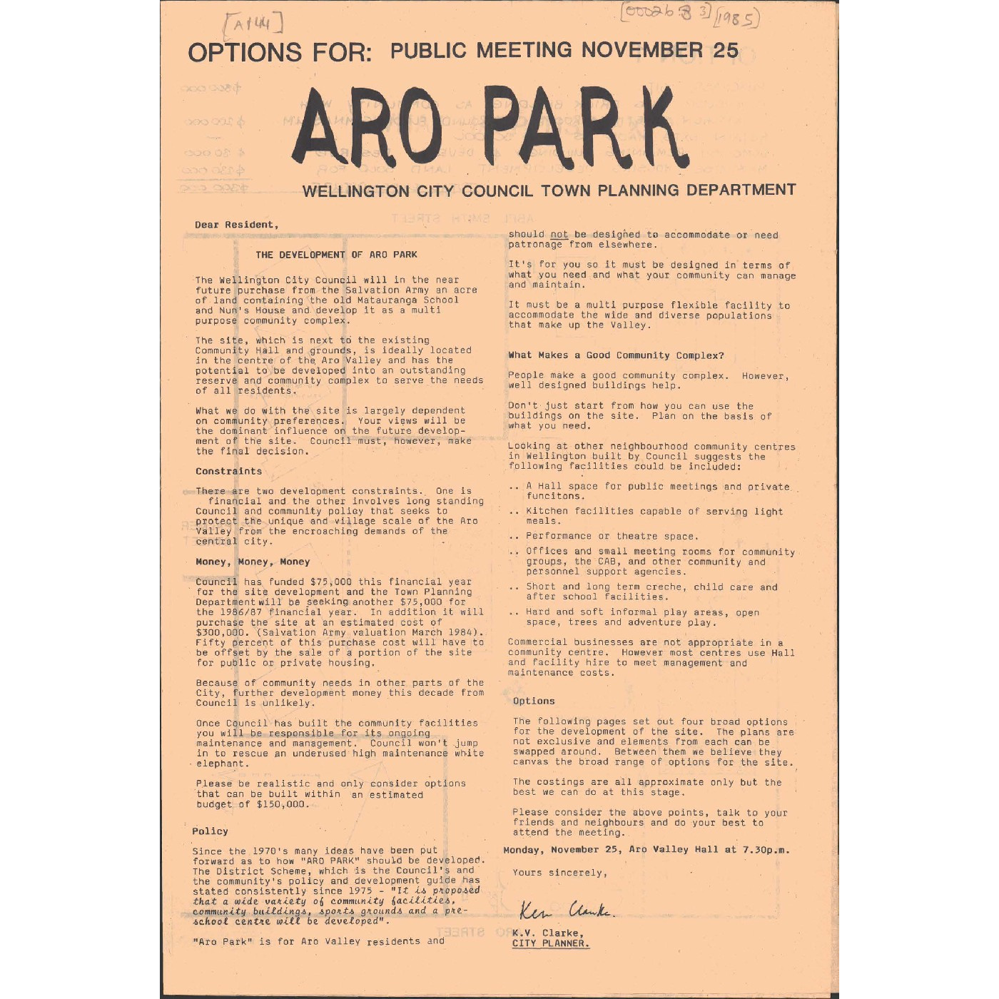 Options for Aro Park, Public meeting November 25