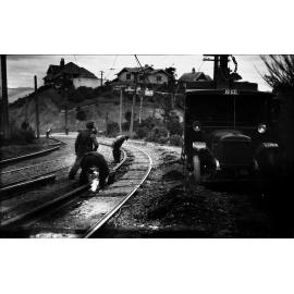 Wadestown, workmen working on tram tracks