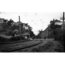 Wadestown, workmen working on tram tracks