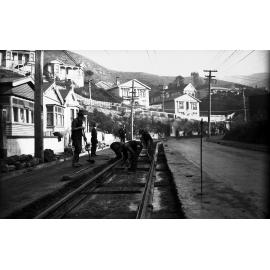 Aro Street, workmen working on tram tracks