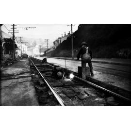 Aro Street, spot welding fishplates on newly laid tram rails