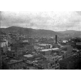 Elevated view of Te Aro, with the Taranaki Street and Manners Street intersection in the foreground