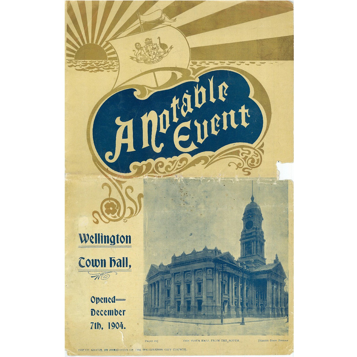 A Notable Event, Wellington Town Hall, opened December 7th, 1904
